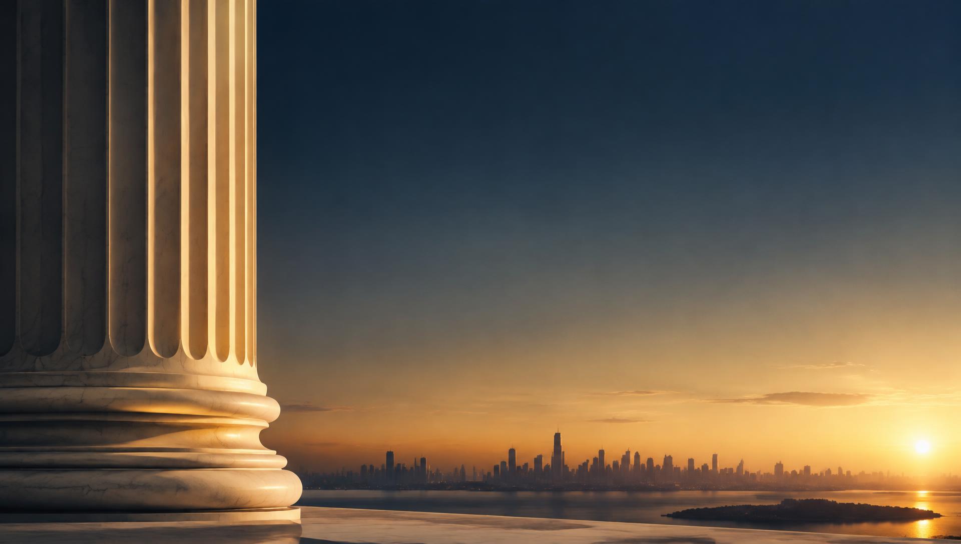 Marble column overlooking a golden city skyline at dawn — the future home of Capital Kingdom